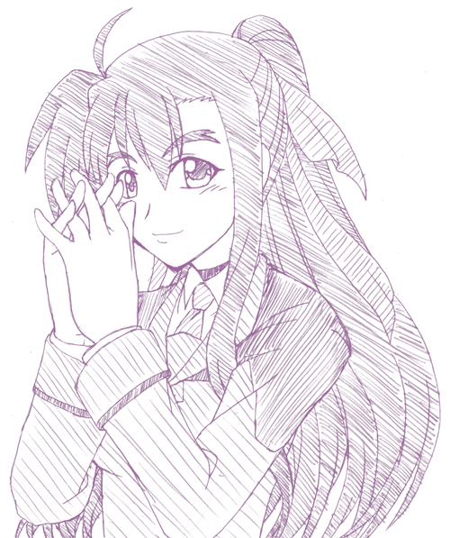 hayami ryouji, ginga nakajima, quint nakajima, lyrical nanoha, mahou shoujo lyrical nanoha, mahou shoujo lyrical nanoha strikers, >:), 00s, 1girl, ahoge, asymmetrical hair, closed mouth, female focus, hair between eyes, hair ribbon, long sleeves, looking at viewer, monochrome, necktie, own hands clasped, own hands together, ponytail, purple theme, ribbon, school uniform, simple background, sketch, smile, solo, thick eyebrows, upper body, v-shaped eyebrows, white background