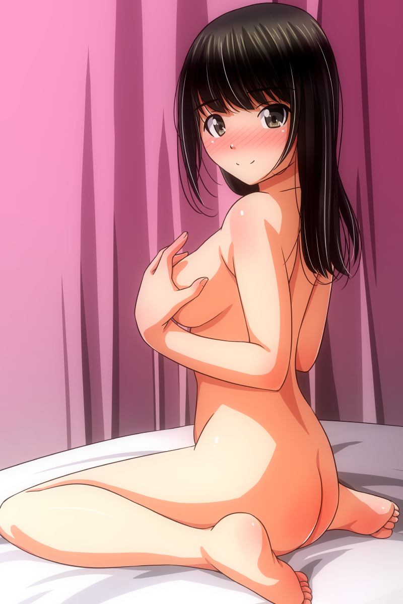 matsunaga kouyou, original, 1girl, ass, barefoot, bed, black hair, blush, breasts, brown eyes, covering breasts, covering privates, curtains, from behind, large breasts, long hair, looking at viewer, looking back, nude, on bed, sitting, smile