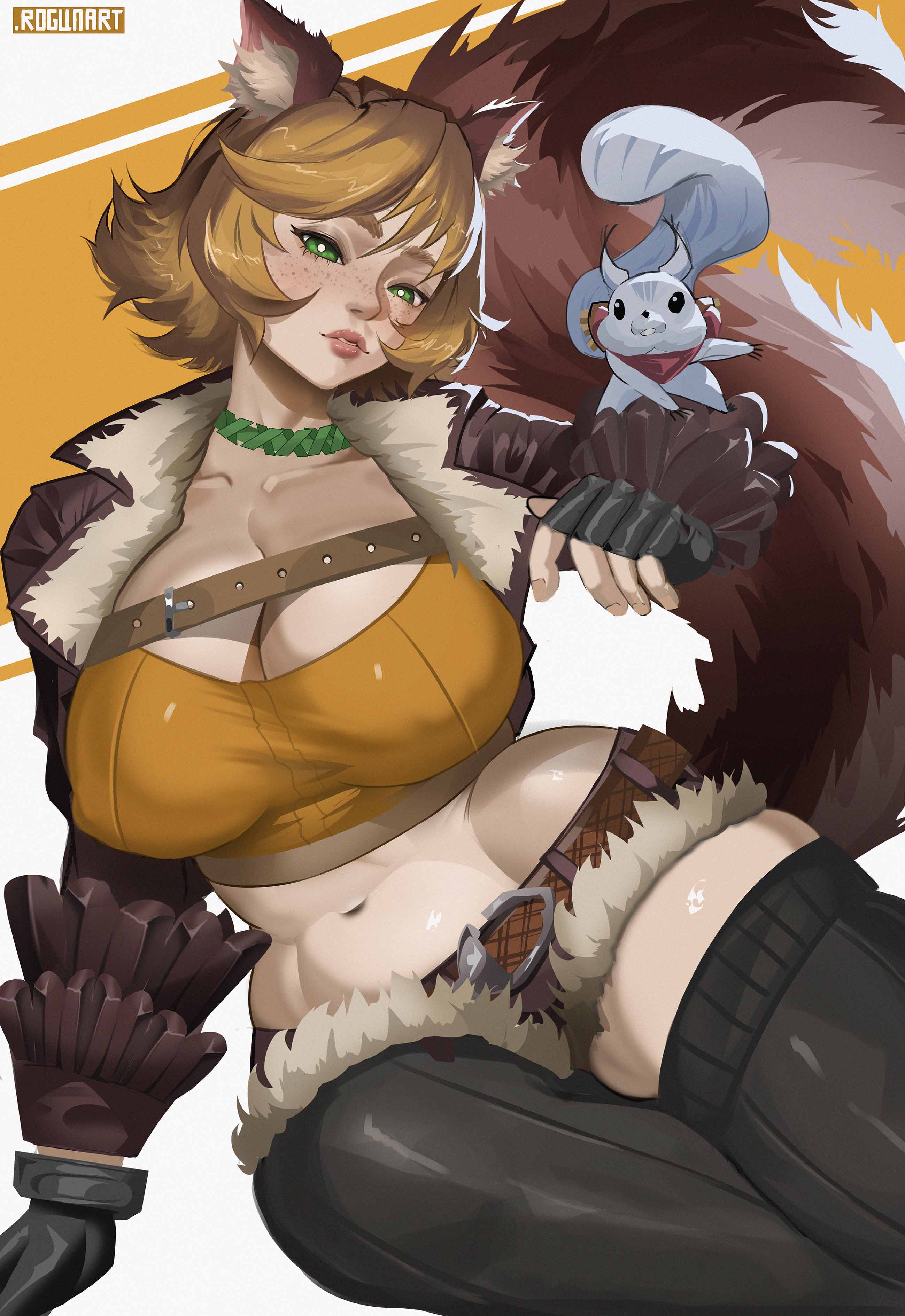 rogun, squirrel girl (marvel), marvel, marvel rivals, absurdres, commentary, english commentary, highres, 1girl, animal, artist name, belt, black thighhighs, breasts, brown belt, brown hair, brown jacket, brown shorts, brown tail, cleavage, freckles, green eyes, jacket, large breasts, looking at viewer, midriff, navel, orange tank top, parted lips, short hair, short shorts, shorts, squirrel, squirrel girl, squirrel tail, tail, tank top, thighhighs