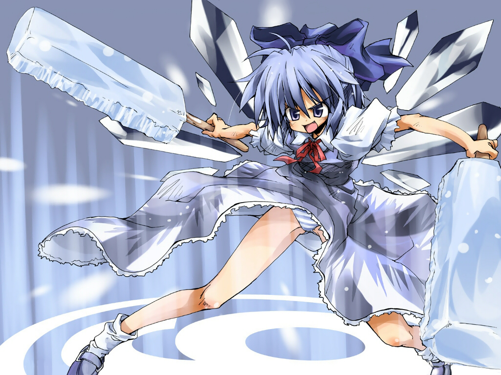 delusion overdose, matsuno canel, cirno, phantasmagoria of flower view, touhou, 1girl, ahoge, angry, blue eyes, blue hair, blush, bow, circled 9, crystal sword, dress, dual wielding, fang, female focus, fighting stance, food, frills, hair bow, holding, ice, ice wings, legs, magic, matching hair/eyes, open mouth, panties, pantyshot, popsicle, ribbon, shoes, short hair, smile, socks, solo, standing, striped clothes, striped panties, sword, underwear, weapon, wind, wind lift, wings