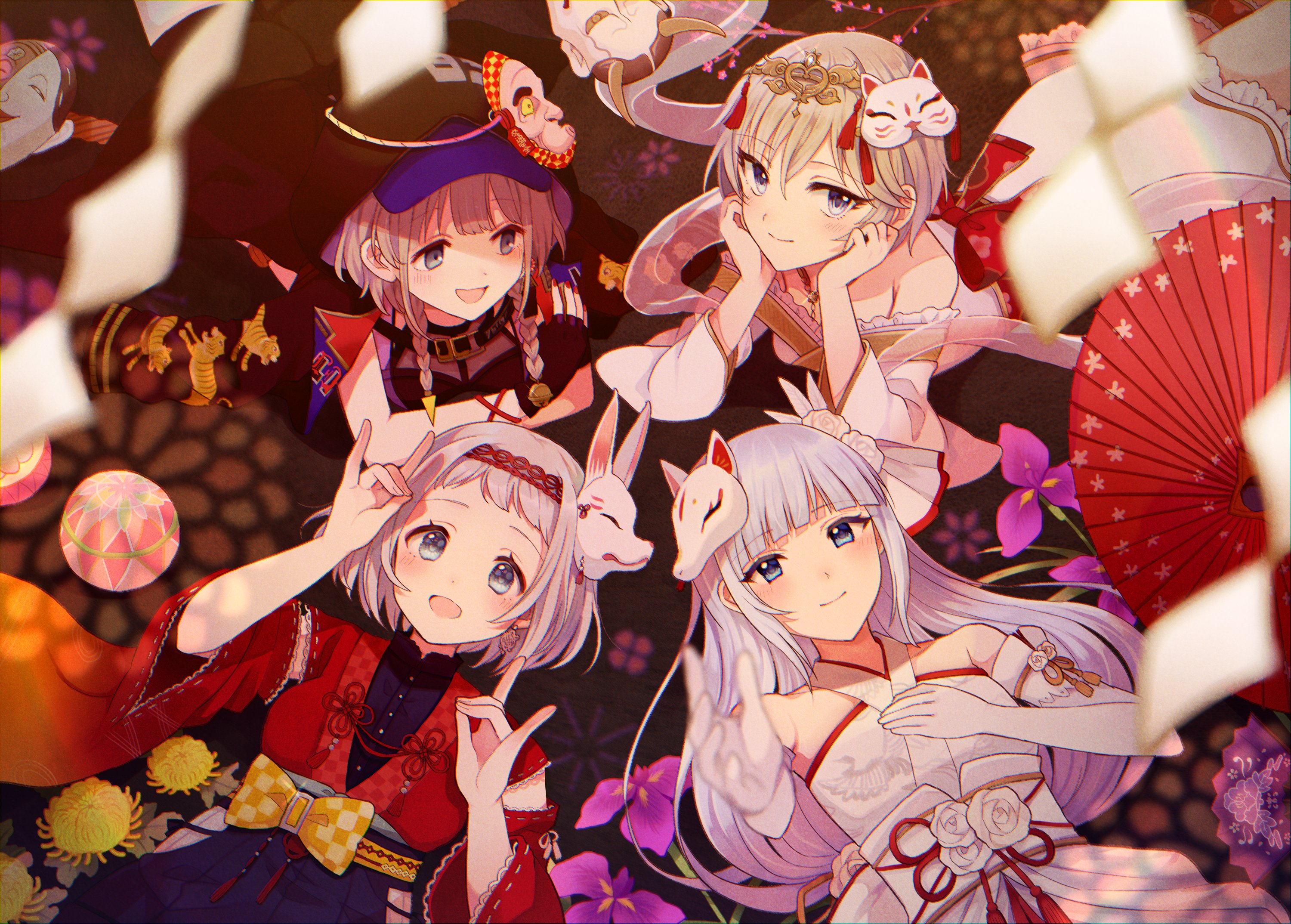 gum (vivid garden), anastasia (idolmaster), katsuragi lilja, serizawa asahi, shiraishi tsumugi, gakuen idolmaster, idolmaster, idolmaster cinderella girls, idolmaster million live!, idolmaster million live! theater days, idolmaster shiny colors, commentary request, flower request, highres, 4girls, :d, animal print, ball, bare shoulders, bellflower, bird print, black coat, black hood, blue eyes, blue hair, blue hat, blue skirt, blunt bangs, blush, bow, braid, checkered bow, checkered clothes, chinese bellflower, chrysanthemum, coat, color connection, criss-cross halter, crossed arms, detached sleeves, double fox shadow puppet, dress, earrings, elbow gloves, flower, flower knot, fox mask, fox shadow puppet, from above, furisode sleeves, gloves, grey hair, hair color connection, hair flower, hair ornament, hairband, halterneck, hands on own cheeks, hands on own face, hannya, hat, head rest, hood, hood up, hyottoko mask, in-franchise crossover, japanese clothes, jewelry, kamurogiku (idolmaster), kimono, kimono skirt, long hair, looking at another, looking at viewer, looking up, low twin braids, lying, mask, mask on head, multiple girls, necklace, noh mask, obi, obiage, obijime, off-shoulder dress, off shoulder, official alternate costume, oil-paper umbrella, on back, on stomach, open mouth, reaching, reaching towards viewer, red kimono, red sleeves, red umbrella, ribbon-trimmed sleeves, ribbon trim, rose, sash, short hair, sidelocks, single earring, skirt, sleeveless, sleeveless dress, sleeveless kimono, smile, temari ball, tiger print, twin braids, umbrella, white dress, white flower, white gloves, white rose