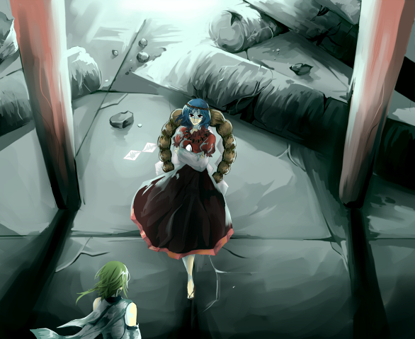 kochiya sanae, yasaka kanako, touhou, 2girls, female focus, multiple girls, onbashira, rope, shimenawa, torii