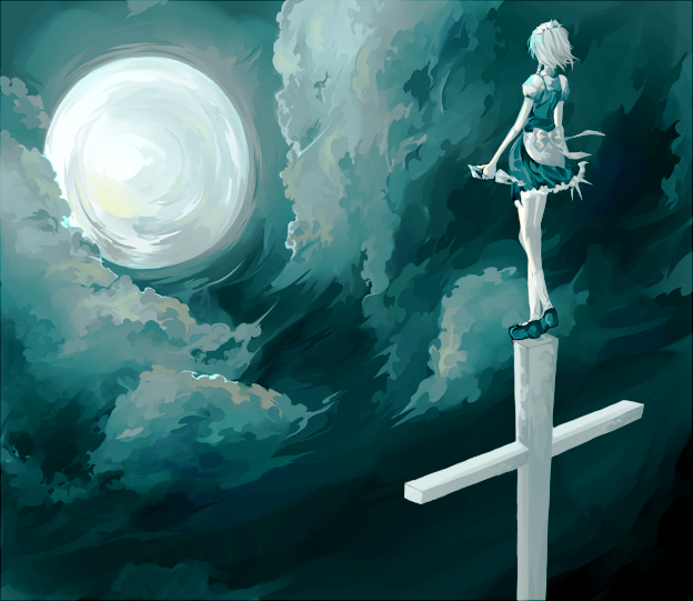 izayoi sakuya, touhou, silver hair, 1girl, braid, cross, female focus, latin cross, moon, short hair, solo, twin braids