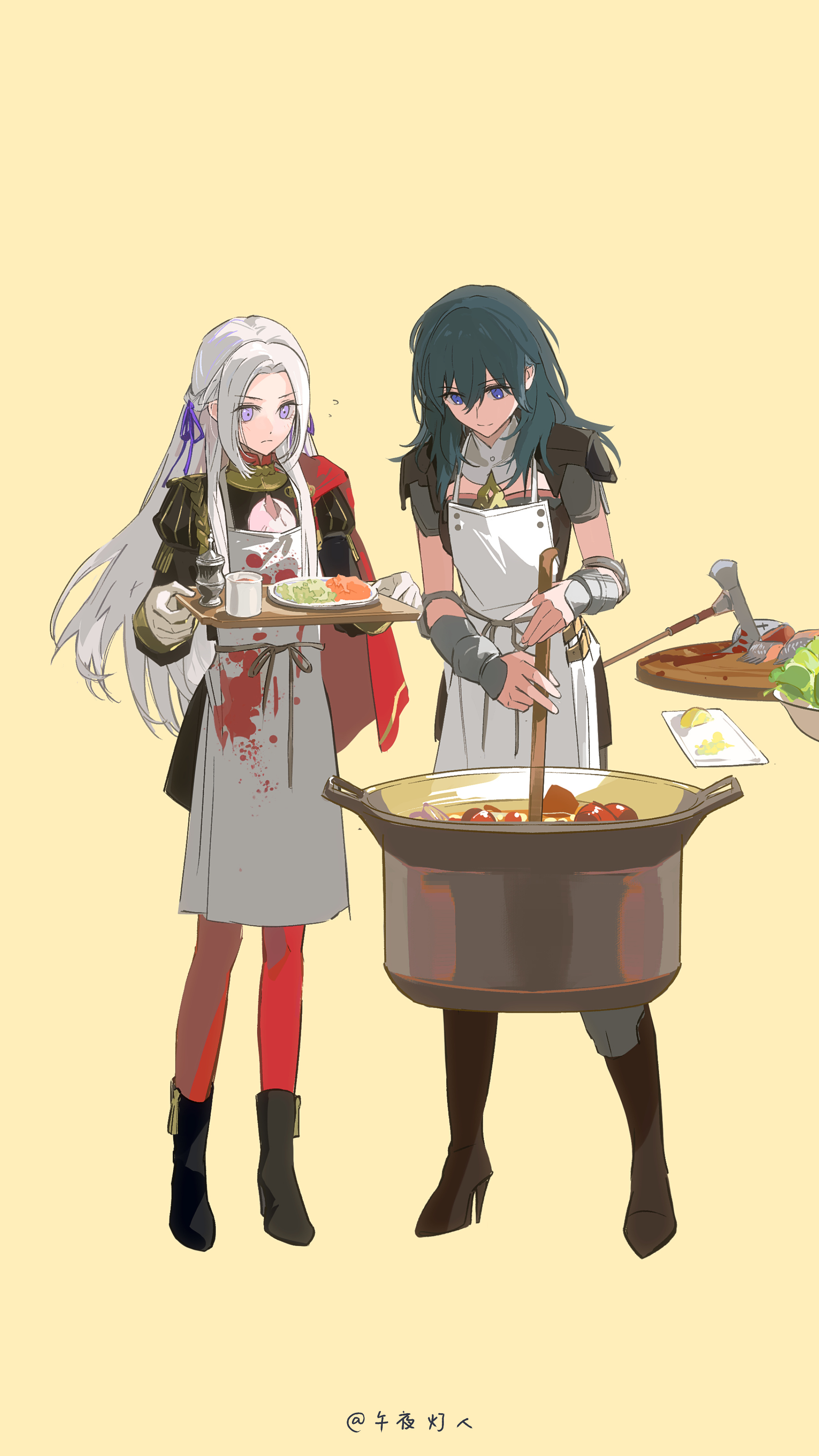 artuvia, edelgard von hresvelg, edelgard von hresvelg (timeskip), female byleth (fire emblem), fire emblem, fire emblem: three houses, nintendo, absurdres, highres, 2girls, apron, cooking, fish, food, fruit, lemon, multiple girls, spring onion, standing, yellow background