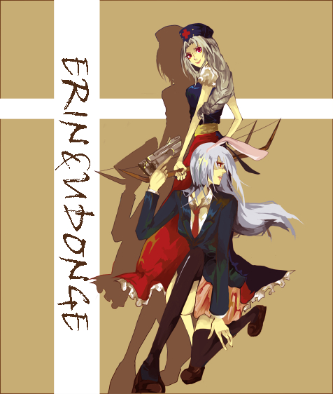 reisen udongein inaba, yagokoro eirin, touhou, 2girls, animal ears, character name, female focus, gun, handgun, multiple girls, pistol, rabbit ears, standing, thighhighs, weapon