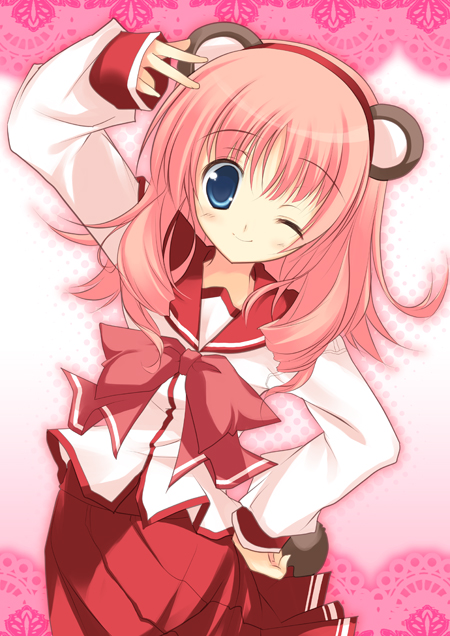 yoshiwo, kouno harumi (to heart), milfa (to heart), to heart (series), to heart 2, 00s, 1girl, animal ears, blue eyes, fake animal ears, female focus, looking at viewer, pink hair, raccoon ears, school uniform, serafuku, smile, solo
