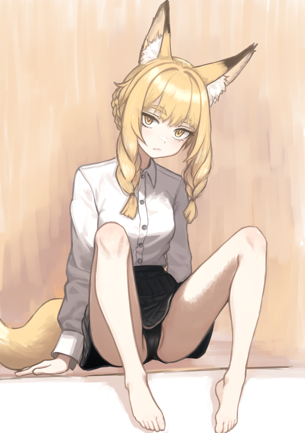 nito (nshtntr), original, commentary request, highres, 1girl, animal ears, barefoot, black panties, black skirt, blonde hair, braid, feet, fox ears, fox girl, fox tail, looking at viewer, panties, shirt, sitting, skirt, solo, tail, toes, underwear, white shirt