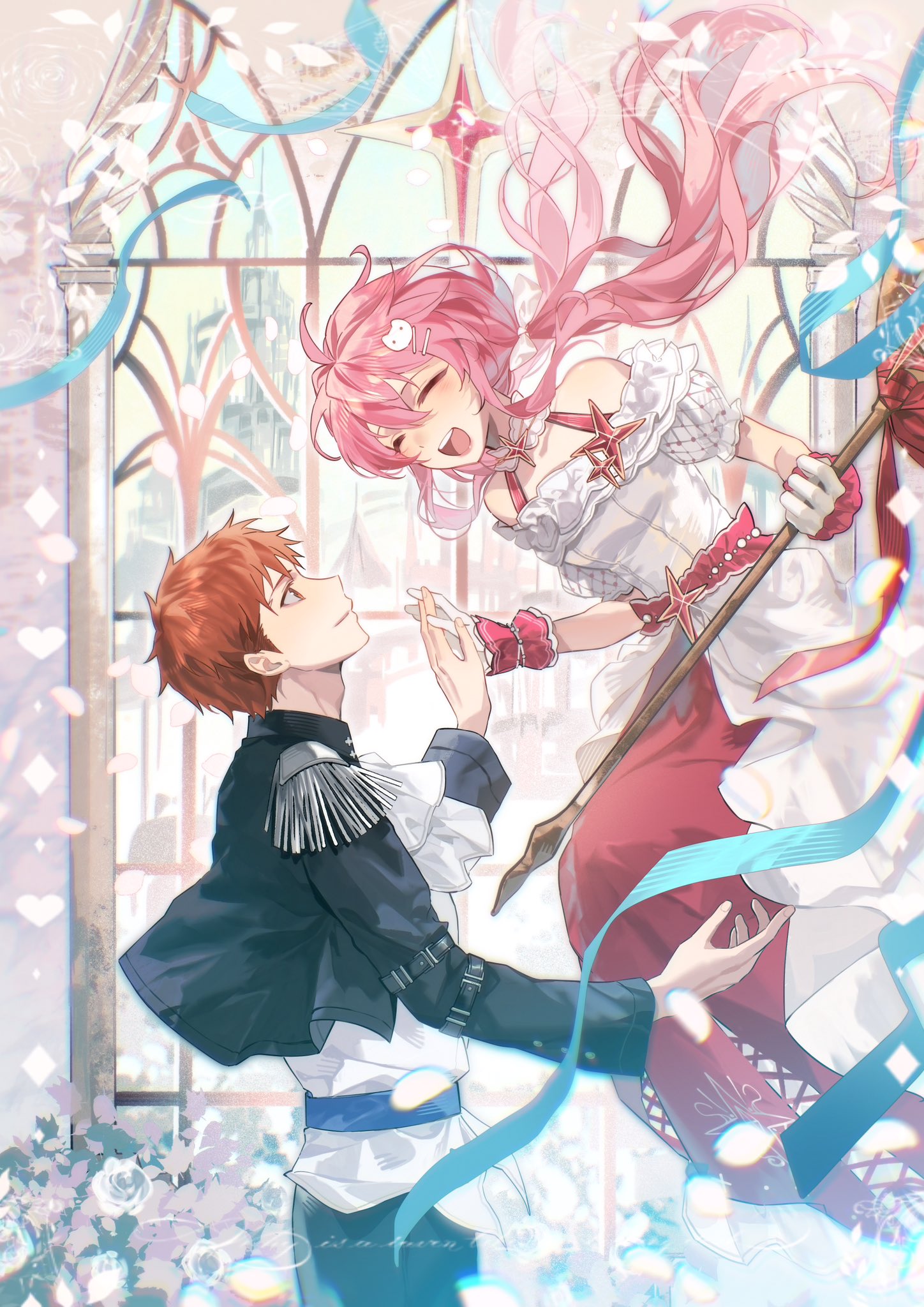 gaoyue jixiang, emiya shirou, momomiya shizuku (gaoyue jixiang), fate/stay night, fate (series), original, highres, 1boy, 1girl, black jacket, black suit, blazer, blush, bow, breasts, bride, cane, carrying, closed eyes, commissioner insert, couple, cross, dress, flower swing, formal clothes, gloves, groom, hair ornament, holding, holding cane, holding hands, hug, interlocked fingers, jacket, long hair, oc x canon, open mouth, orange hair, pastels, pink eyes, pink hair, princess carry, red dress, red hair, ribbon, skirt, sleeveless, sleeveless dress, smile, suit, twintails, white dress, white gloves, wife and wife