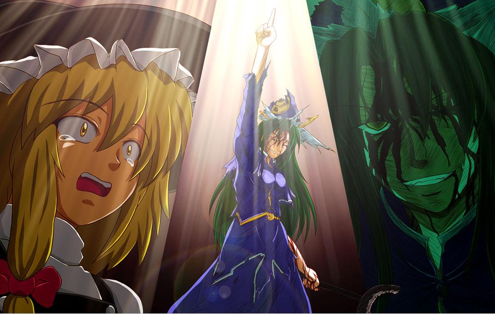 kujira (taiheiyou), wannyaa, kirisame marisa, mima (touhou), tengen toppa gurren lagann, touhou, touhou (pc-98), artist collaboration, 2girls, female focus, gradient background, green hair, hat, long hair, multiple girls, parody, torn clothes, upper body, wizard hat
