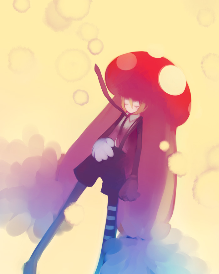 puti devil, original, striped, blonde hair, closed eyes, gloves, long hair, mushroom, necktie, solo
