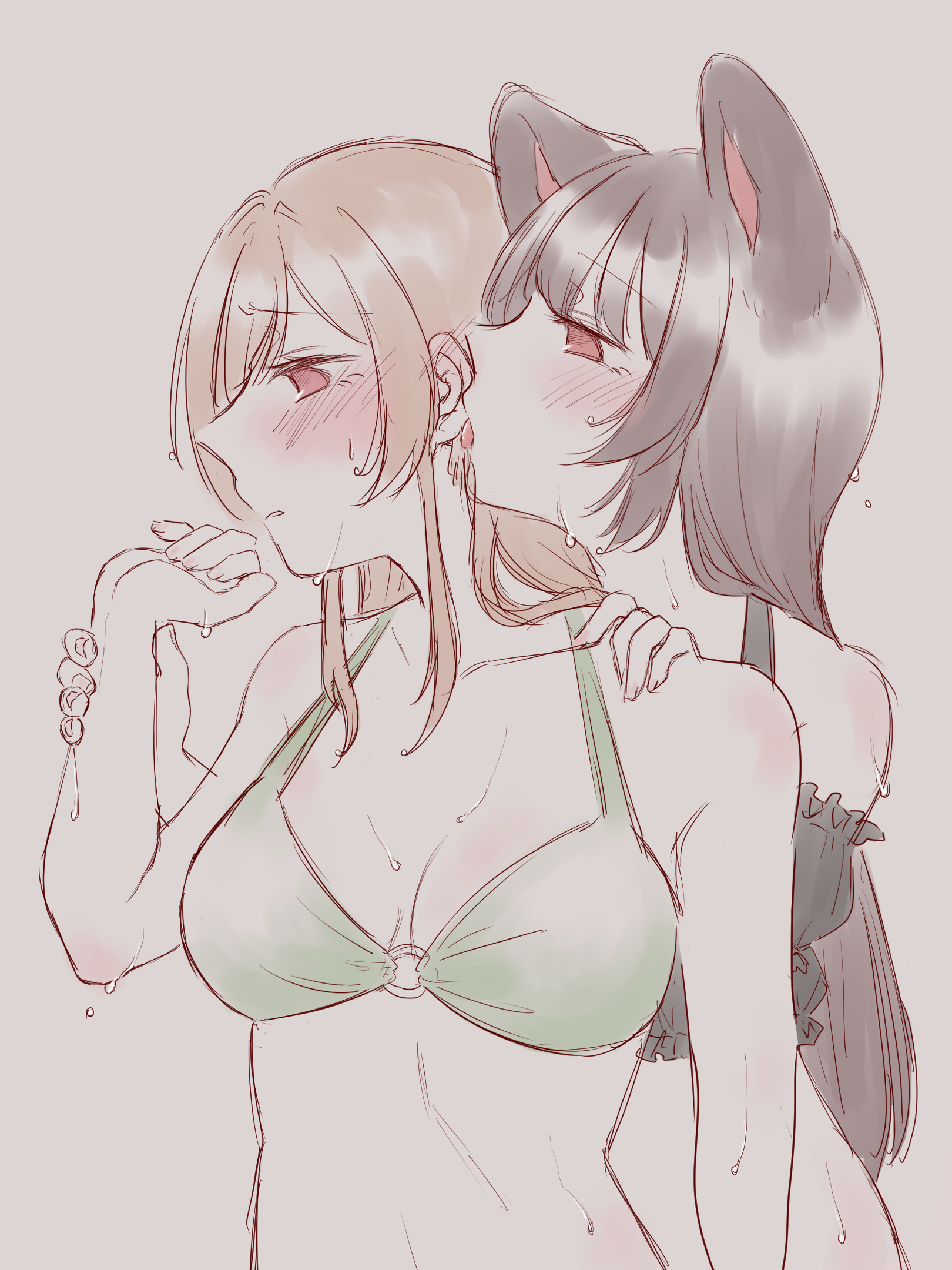 furen e lustario, inui toko, nijisanji, commentary request, highres, 2girls, animal ears, asuasu31415, bikini, black bikini, black hair, blush, breasts, brown hair, cleavage, dog ears, ear licking, green bikini, holding another's wrist, licking, long hair, medium breasts, multiple girls, red eyes, sweat, swimsuit, virtual youtuber, yuri