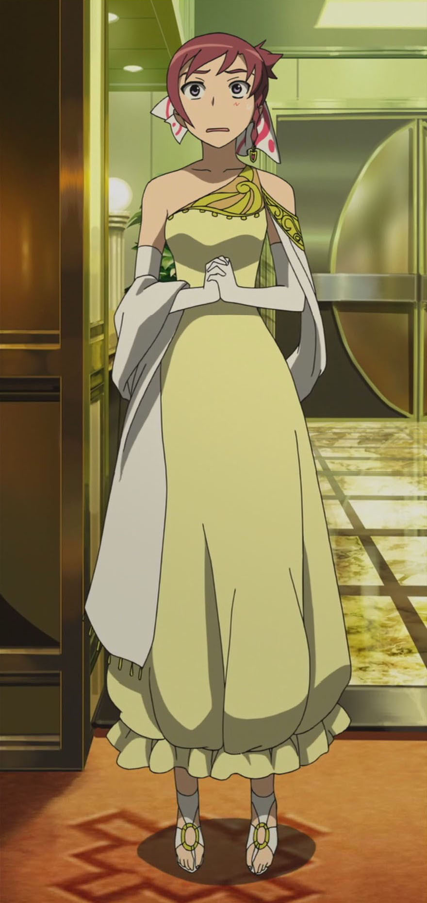 arika yumemiya, sifr blan, my-otome, my-otome s.ifr, anime screenshot, highres, stitched, third-party edit, 00s, asymmetrical hair, bare shoulders, dress, elbow gloves, gloves, solo