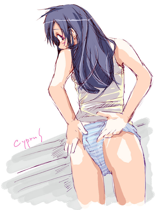 cyprus (circle), original, ass, blue hair, long hair, panties, solo, striped clothes, striped panties, underwear