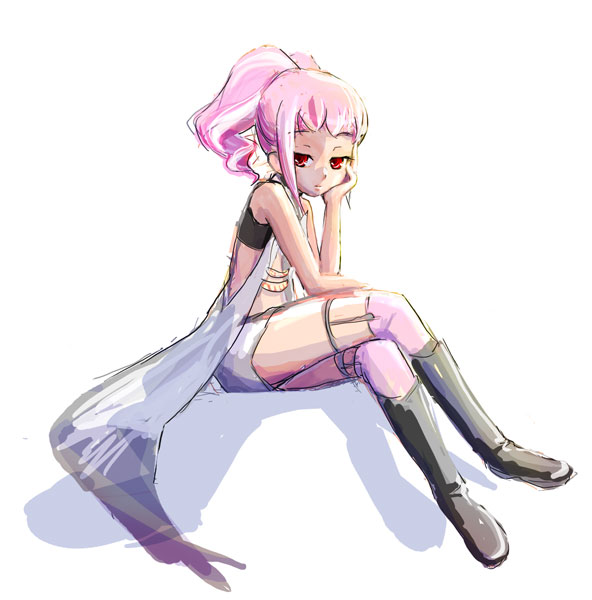 niwa mizuki, anya alstreim, code geass, bad id, bad pixiv id, 00s, 1girl, boots, expressionless, female focus, full body, head rest, simple background, solo, thighhighs