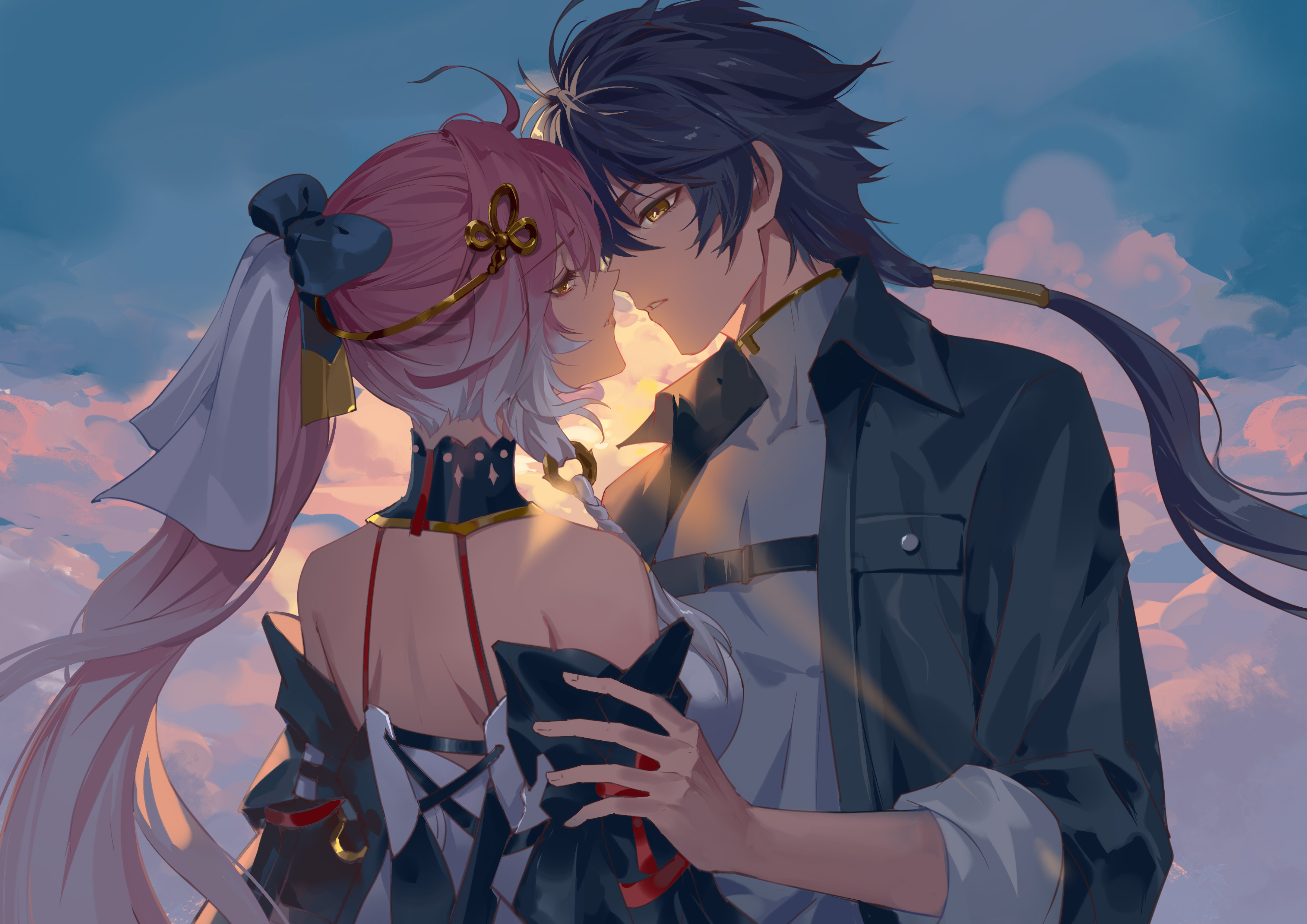 ruoruoqiu, changli (wuthering waves), male rover (wuthering waves), rover (wuthering waves), wuthering waves, absurdres, commentary request, highres, 1boy, 1girl, bare shoulders, black bow, black collar, black hair, black jacket, bow, breasts, collar, dawn, eye contact, grey shirt, hair bow, hair ornament, half-closed eyes, imminent kiss, jacket, looking at another, low ponytail, medium breasts, multicolored hair, outdoors, parted lips, pink hair, ponytail, shirt, shoulder blades, two-tone hair, white hair, yellow eyes