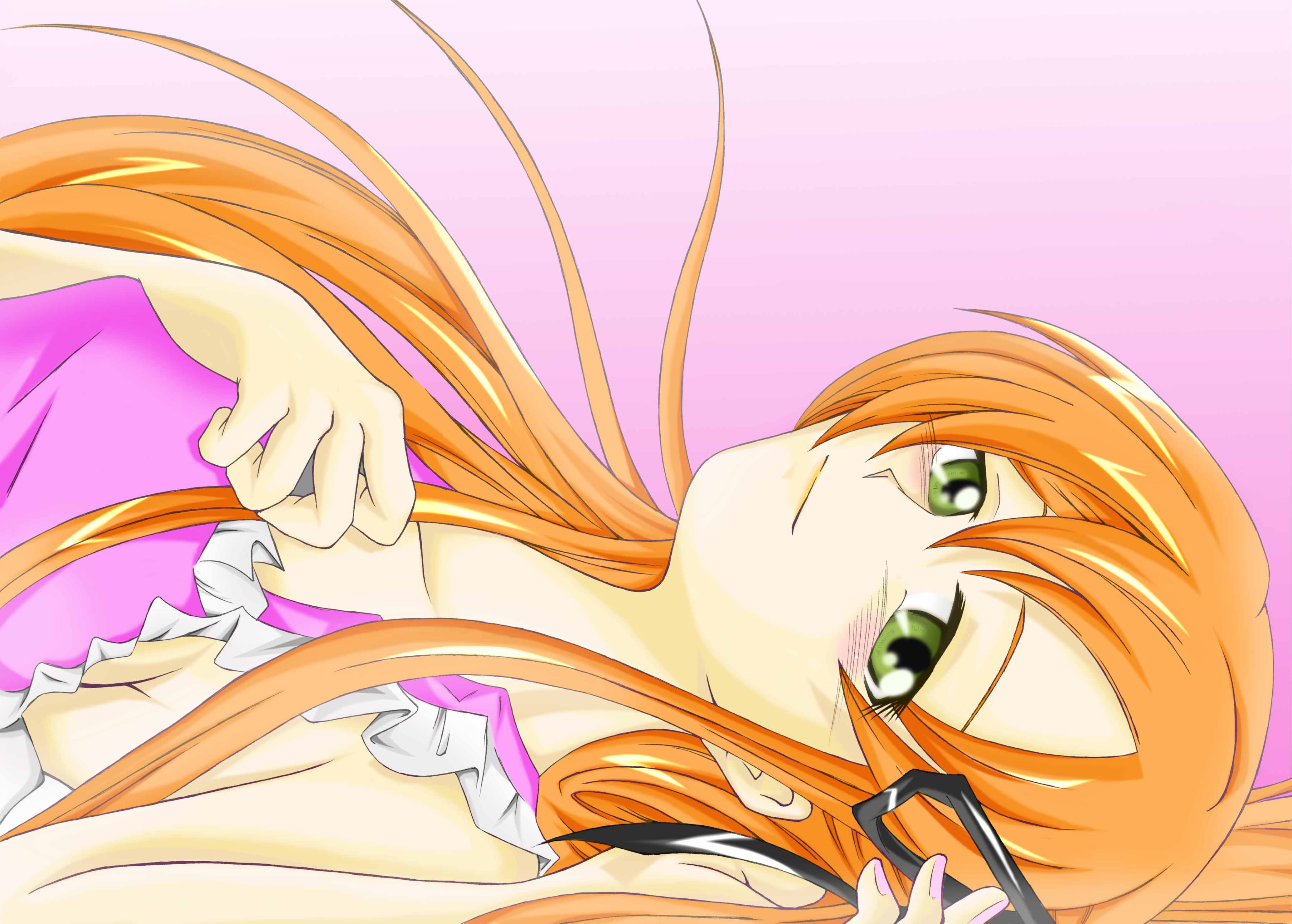 uraroji, shirley fenette, code geass, absurdres, highres, 00s, 1girl, apron, bare arms, bare shoulders, black ribbon, blush, breasts, closed mouth, collar, collarbone, female focus, frilled apron, frills, from side, green eyes, hair ribbon, hand on own chest, head tilt, long hair, looking at viewer, looking to the side, medium breasts, nail polish, naked apron, orange hair, pink apron, pink background, pink nails, ribbon, sideboob, simple background, smile, solo, upper body