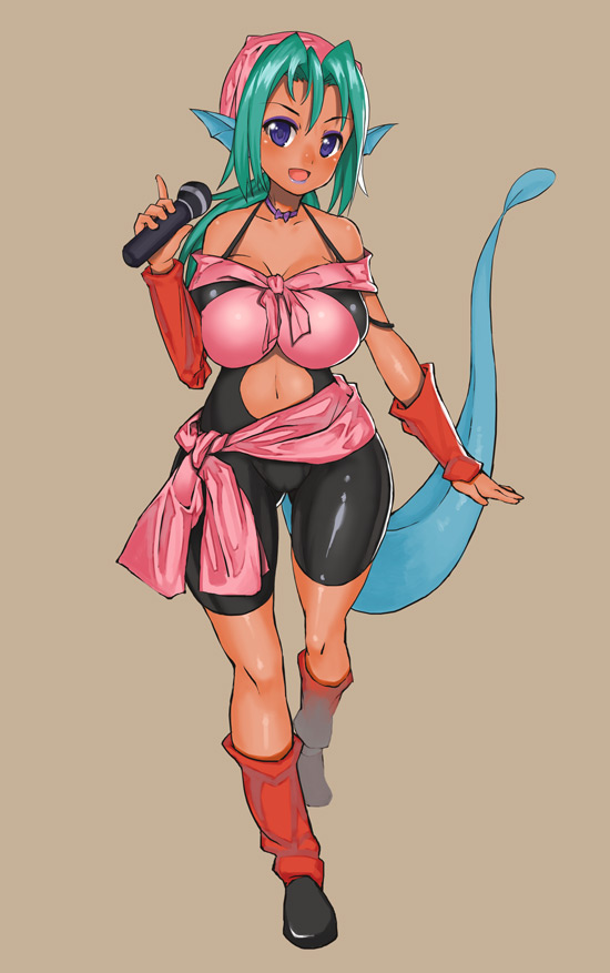 nagase haruhito, juri (yu yu hakusho), yuu yuu hakusho, 1girl, :d, aqua hair, arm warmers, bandana, bare shoulders, blush, bow, breasts, cameltoe, choker, cleavage, clothing cutout, curvy, dark-skinned female, dark skin, eyeshadow, female focus, fins, fish girl, full body, green hair, grey background, happy, head fins, hip focus, huge breasts, index finger raised, leg warmers, lipstick, long hair, low ponytail, makeup, microphone, monster girl, navel, navel cutout, open mouth, parted bangs, pink sarong, ponytail, purple eyes, purple lips, sarong, shawl, simple background, smile, solo, spaghetti strap, tail, unitard, walking, wide hips