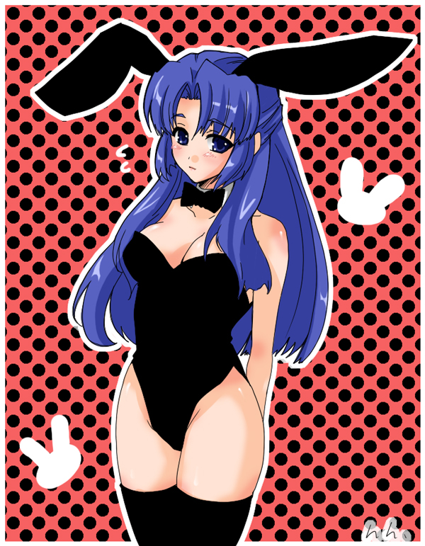 asakura ryoko, suzumiya haruhi no yuuutsu, 00s, 1girl, animal ears, black bow, black bowtie, black thighhighs, bow, bowtie, breasts, cleavage, detached collar, fake animal ears, female focus, half updo, leotard, playboy bunny, rabbit ears, solo, thighhighs, thighs