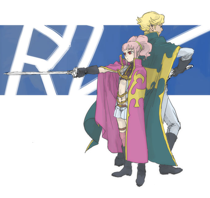 haneda (pixiv56838), anya alstreim, gino weinberg, code geass, bad id, bad pixiv id, 00s, back-to-back, blonde hair, cape, pink hair, red eyes, sword, thighhighs, weapon