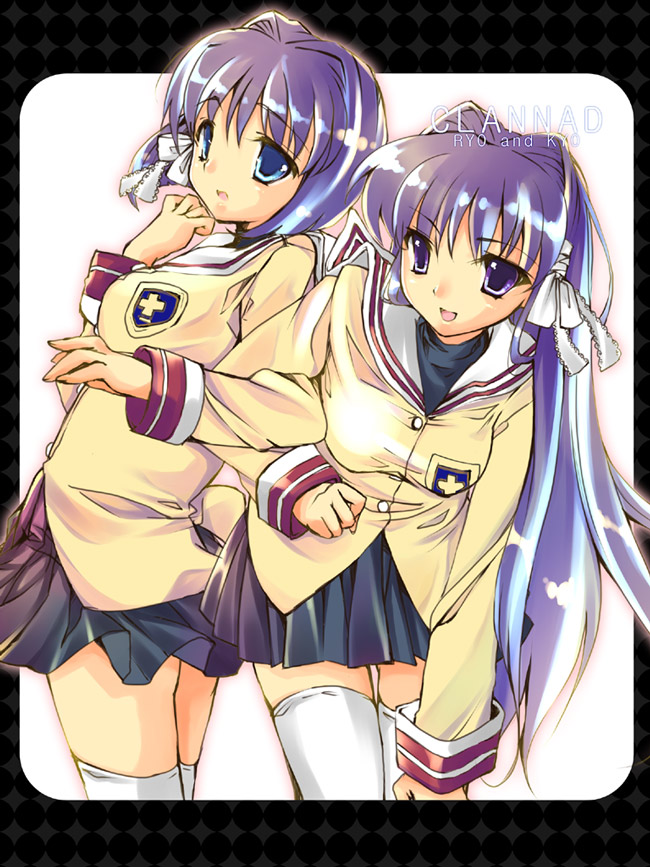 yu yu, fujibayashi kyou, fujibayashi ryou, clannad, white legwear, 00s, 2girls, :d, :o, black skirt, blue eyes, blush, buttons, emblem, hair intakes, long hair, long sleeves, looking at viewer, miniskirt, multiple girls, open mouth, parted lips, pleated skirt, purple eyes, purple hair, ribbon, school uniform, serafuku, short hair, siblings, sisters, skirt, smile, thighhighs, twins, white ribbon