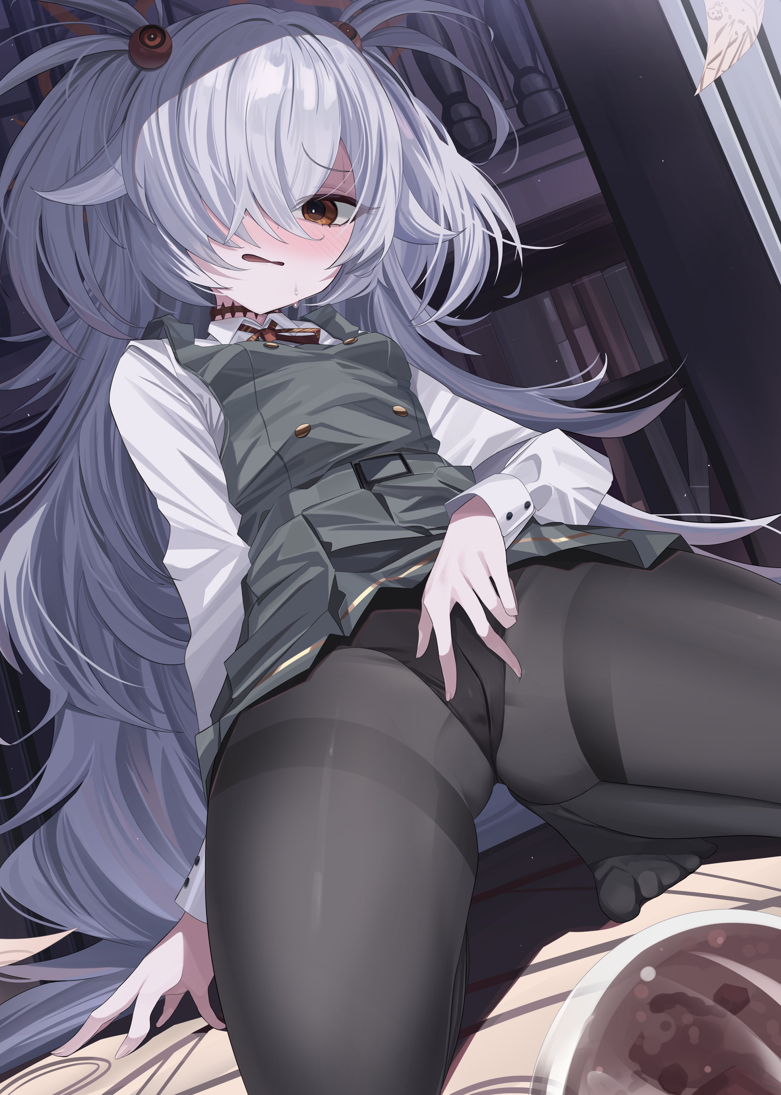 kuwa za, kanoe (blue archive), blue archive, absurdres, commentary, highres, 1girl, black pantyhose, blush, breasts, brown eyes, brown halo, dress, grey dress, grey hair, hair over one eye, halo, indoors, long hair, long sleeves, looking at viewer, no shoes, open mouth, panties, panties under pantyhose, pantyhose, pinafore dress, shirt, short dress, sleeveless, sleeveless dress, small breasts, solo, sweat, thighband pantyhose, toes, two side up, underwear, very long hair, wavy hair, white shirt