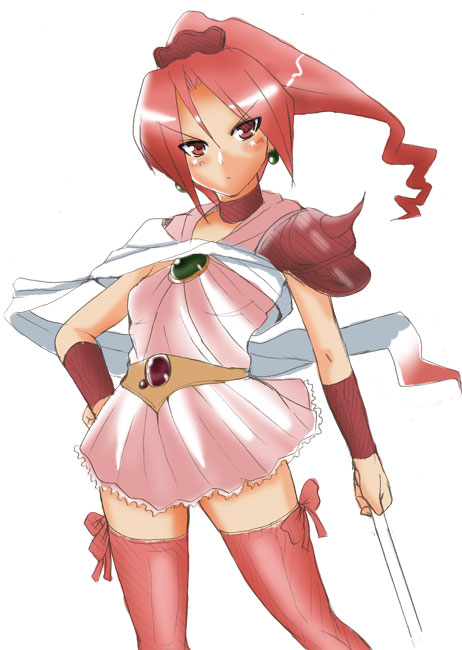 yasakani an, porom, porom (adult), final fantasy, final fantasy iv, final fantasy iv: the after years, 1990s (style), 1girl, aged up, angry, blush, choker, earrings, female focus, flat chest, jewelry, pink eyes, pink hair, ponytail, retro artstyle, simple background, skirt, solo, thighhighs, zettai ryouiki