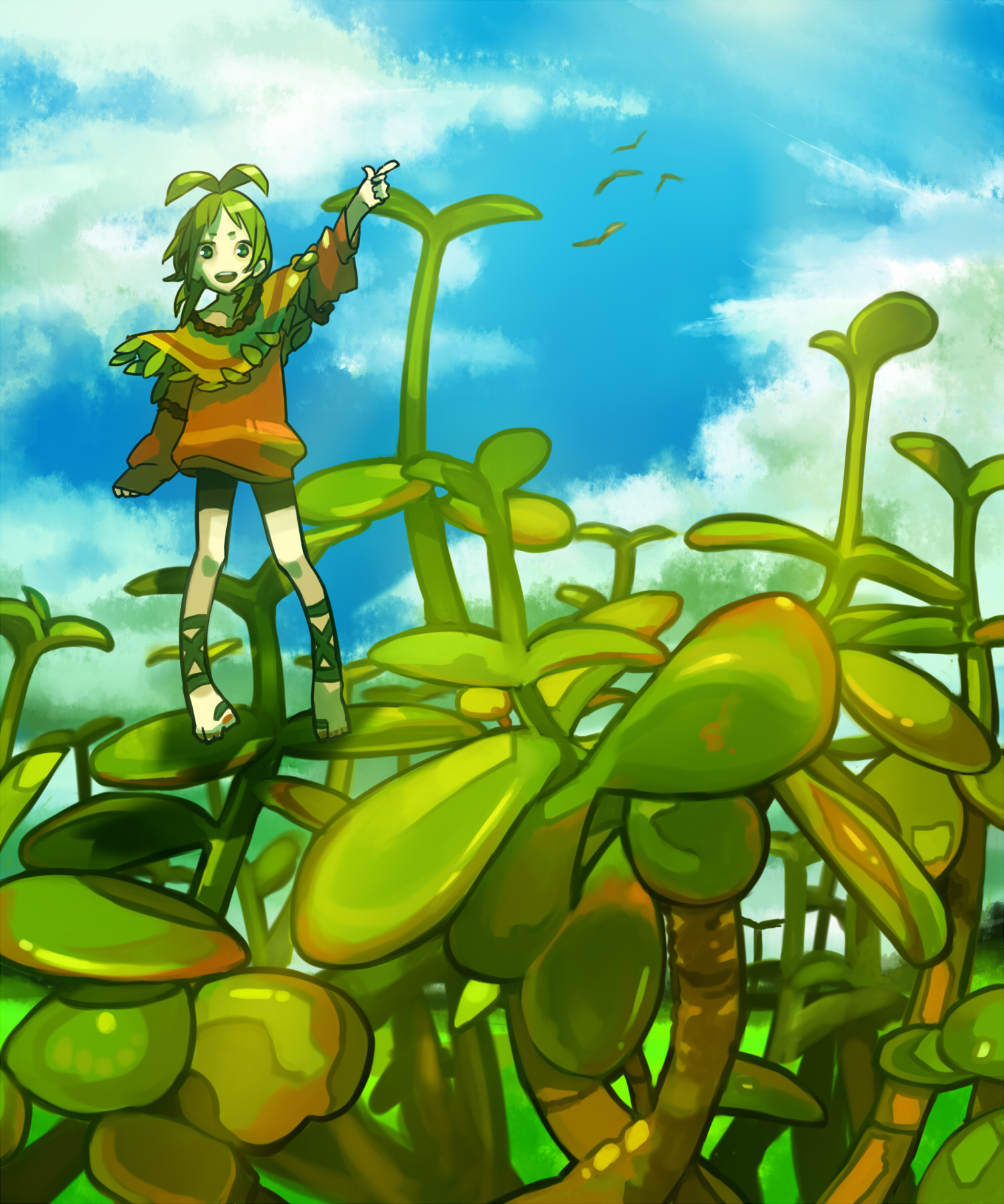 haruo (clownberry), original, bad id, bad pixiv id, highres, 1girl, antenna hair, bird, cloud, day, female focus, green hair, monster girl, nature, plant, plant girl, pointing, sky, solo