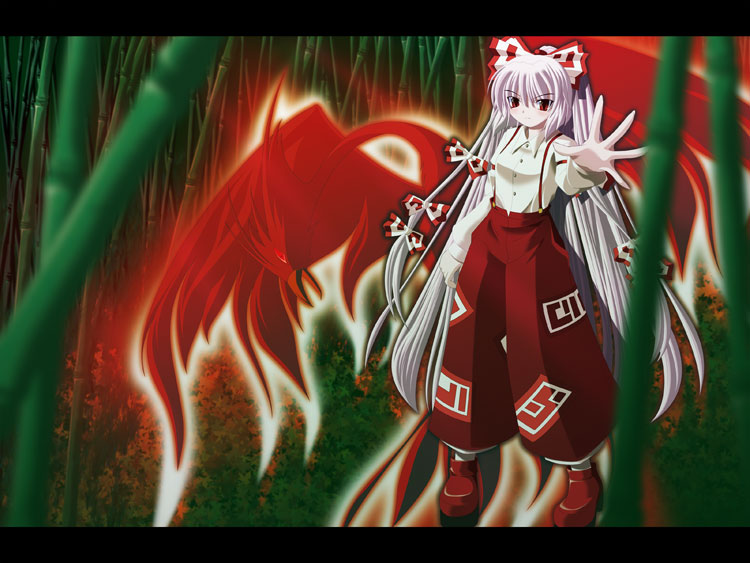 kii (mahoraba), fujiwara no mokou, touhou, silver hair, 1girl, bamboo, bamboo forest, bird, bow, female focus, fiery wings, forest, hair bow, letterboxed, long hair, multiple hair bows, nature, phoenix, red eyes, solo, suspenders, very long hair, wings