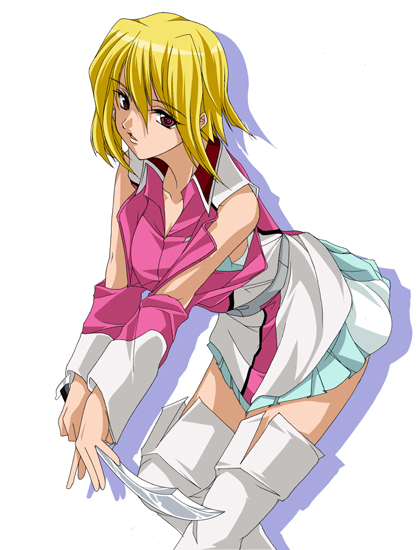 shiikeru, stellar loussier, gundam, gundam seed, gundam seed destiny, 00s, 1girl, bare shoulders, blonde hair, boots, brown eyes, female focus, short hair, skirt, solo, thighhighs, white boots