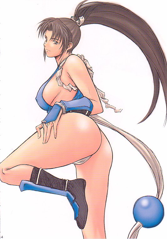 momoi nanabei, pretty well, shiranui mai, fatal fury, snk, the king of fighters, 1girl, ass, bare shoulders, boots, breasts, brown hair, cameltoe, covered erect nipples, female focus, gloves, high ponytail, leg lift, long hair, panties, ponytail, ribbon, sideboob, solo, underwear, white panties