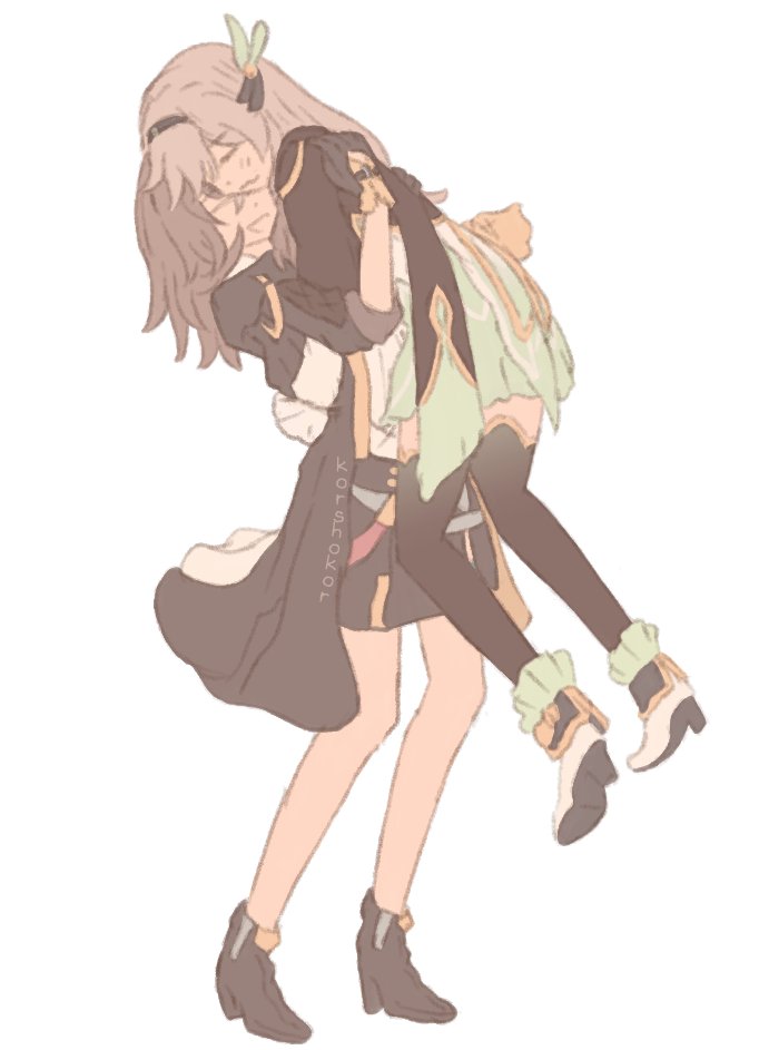 korshokor, firefly (honkai: star rail), stelle (honkai: star rail), trailblazer (honkai: star rail), honkai: star rail, honkai (series), hashtag-only commentary, 2girls, artist name, black boots, black hairband, black jacket, black skirt, black thighhighs, boots, closed eyes, closed mouth, full body, green skirt, grey hair, hair ribbon, hairband, hug, jacket, lifting person, long hair, medium hair, multiple girls, open mouth, ribbon, shirt, simple background, skirt, smile, thighhighs, wavy mouth, white background, white boots, white hair, white shirt, yuri, zettai ryouiki
