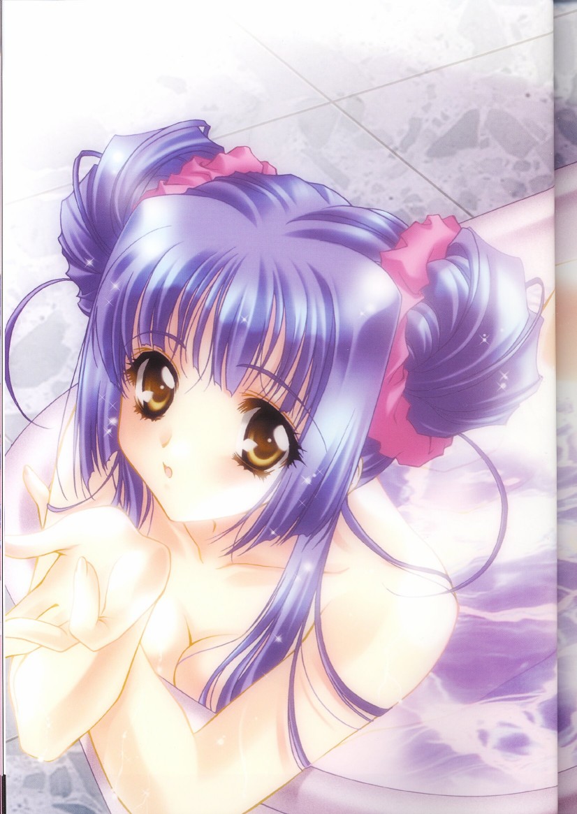 carnelian, kuraki suzuna, kao no nai tsuki, 00s, bath, blue hair, blush, brown eyes, nude, purple hair, ribbon, solo