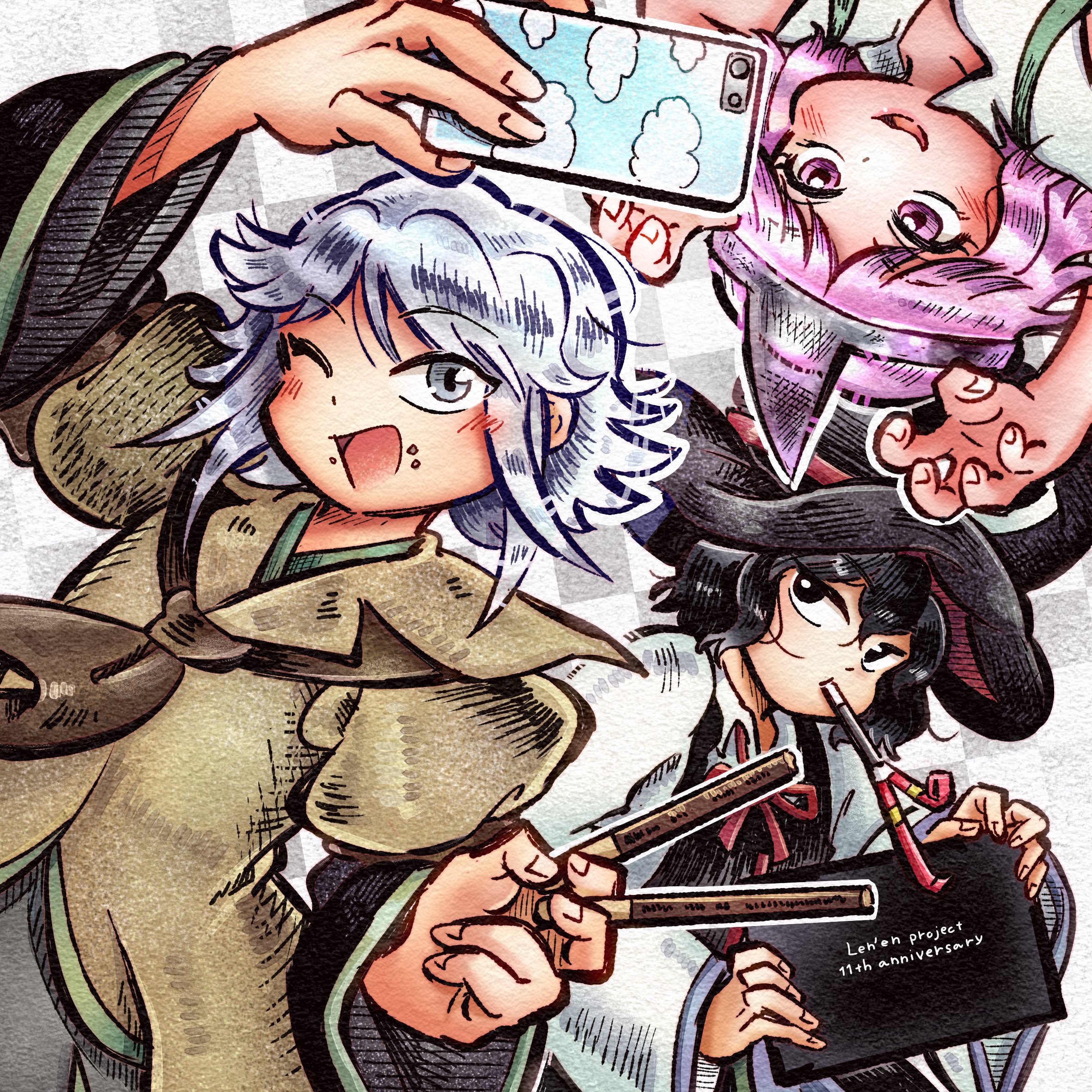 chikafumikou, enraku tsubakura, houlen yabusame, shion (len'en), len'en, highres, 3others, androgynous, anniversary, ascot, bare arms, black coat, black eyes, black hair, black hat, black kimono, blush, brown ascot, brown coat, celebration, cellphone, checkered background, claw pose, coat, collarbone, collared coat, collared shirt, copyright name, cowboy shot, crumbs, dress, expressionless, eye of senri, eyelashes, fingernails, food, green hakama, grey eyes, grey hair, hair between eyes, hakama, happy, hat, holding, holding food, holding phone, holding sign, japanese clothes, jinbei (clothes), kimono, lapels, layered sleeves, long sleeves, looking at viewer, messy hair, mouth hold, multiple others, neck ribbon, notched lapels, one eye closed, open mouth, other focus, party popper, phone, pink eyes, pink hair, pocky, puffy short sleeves, puffy sleeves, red ribbon, ribbon, ribbon-trimmed coat, ribbon trim, shirt, short hair with long locks, short over long sleeves, short sleeves, sidelocks, sign, sleeveless, sleeveless coat, smartphone, smile, taking picture, top hat, triangular headpiece, two-sided fabric, two-sided headwear, upside-down, white background, white dress, white shirt, wide sleeves