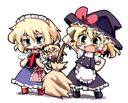 herada mitsuru, alice margatroid, kirisame marisa, touhou, lowres, 3girls, chibi, female focus, hat, multiple girls, simple background, skirt, white background