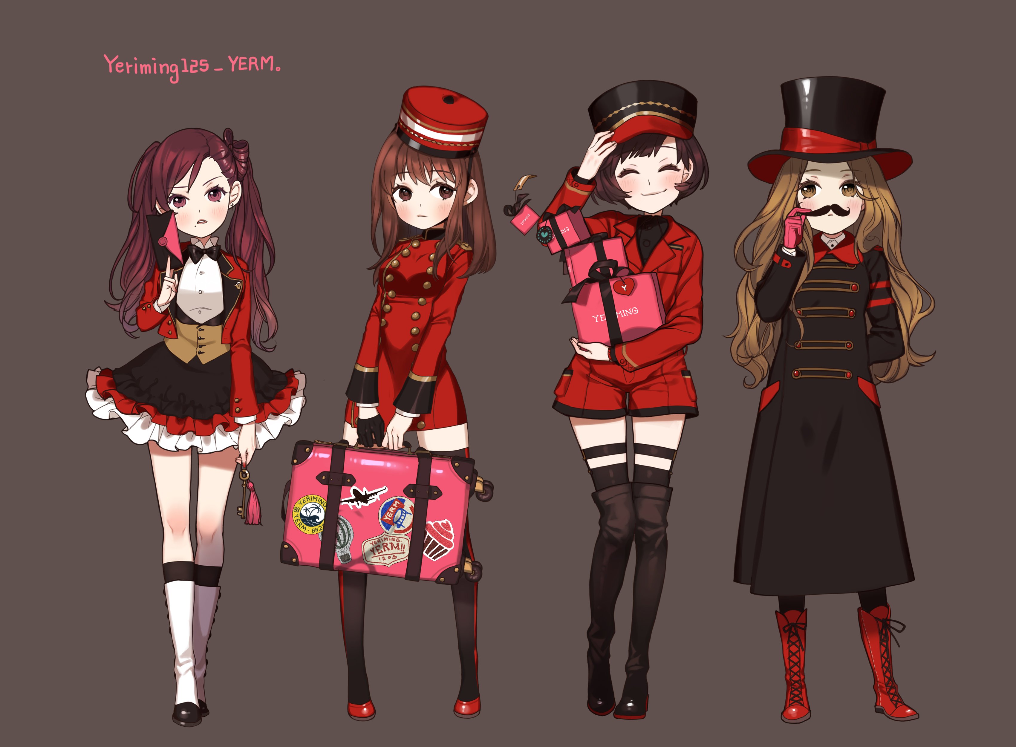 yerm, original, absurdres, highres, 4girls, arm behind back, artist name, black boots, black coat, black gloves, black shirt, blush, boots, bow, bow-shaped hair, bowtie, brown eyes, brown hair, buttons, closed eyes, closed mouth, coat, collared shirt, colored lapels, cuff links, double-breasted, earrings, employee uniform, envelope, facial hair, frilled skirt, frills, garter straps, gift, gloves, grey background, hat, holding, holding envelope, holding gift, holding key, holding suitcase, jacket, jewelry, kepi, key, lace-up boots, lapels, long coat, long hair, looking at viewer, military hat, mole, mole under mouth, multiple girls, mustache, nail polish, pigeon-toed, pillbox hat, pink gloves, purple eyes, purple hair, red boots, red jacket, red shorts, shirt, short hair, shorts, single earring, single glove, skirt, smile, spats (footwear), sticker, suitcase, tag, thigh boots, thigh strap, thighhighs, top hat, trench coat, twintails, twirling mustache, vest, waistcoat, white shirt, zettai ryouiki