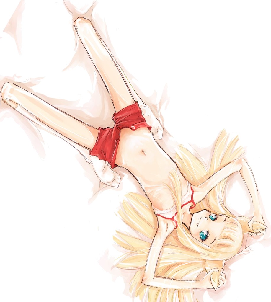 kanii rate, 1girl, animal ears, aqua eyes, arched back, armpits, bed, blonde hair, camisole, cat ears, fang, female focus, flat chest, kneehighs, loli, long legs, lying, midriff, navel, shorts, skinny, socks, solo, unzipped