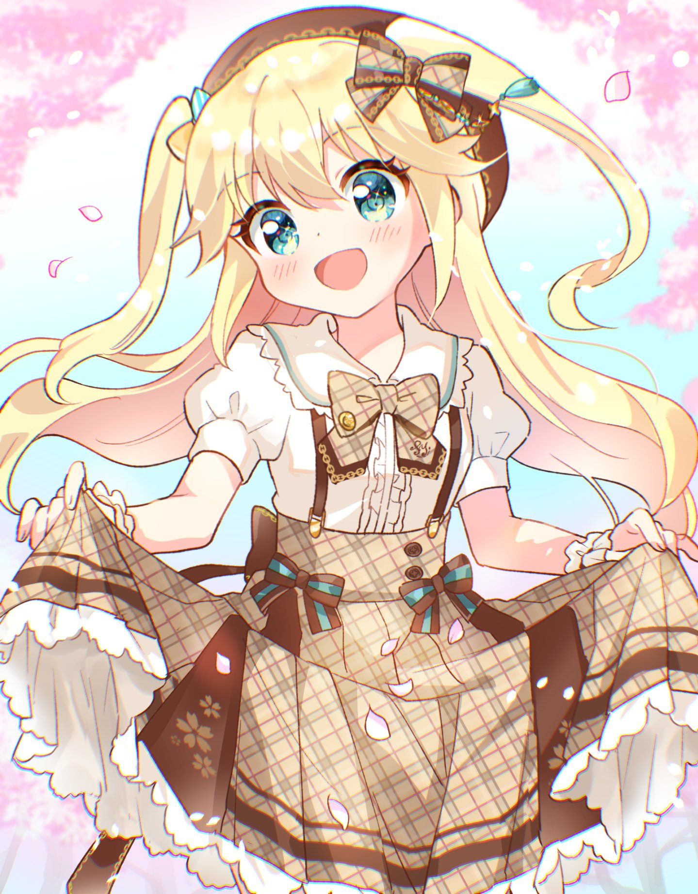 mochizuki yomogi, fujisawa yuzu, ongeki, commentary request, highres, 1girl, :d, blonde hair, blush, bow, bowtie, brown bow, brown bowtie, brown hat, brown skirt, cherry blossoms, collared shirt, cowboy shot, day, frilled skirt, frills, green eyes, hat, long hair, looking at viewer, open mouth, outdoors, plaid bow, plaid bowtie, plaid clothes, plaid skirt, shirt, short sleeves, skirt, skirt hold, smile, solo, suspender skirt, suspenders, white shirt