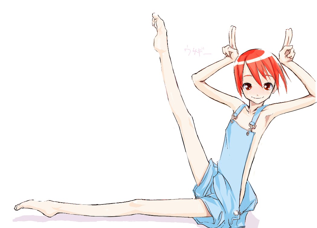 kanii rate, original, 1girl, armpits, barefoot, feet, female focus, flat chest, leg up, loli, naked overalls, overall shorts, overalls, rabbit pose, red eyes, red hair, short hair, sitting, smile, solo