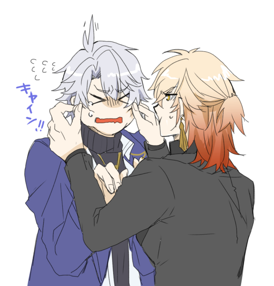 mydei (chrysos chef) (honkai: star rail), mydei (honkai: star rail), phainon (honkai: star rail), honkai: star rail, honkai (series), commentary request, > <, 2boys, antenna hair, black coat, black sweater, blonde hair, blue eyes, cheek pinching, coat, collared shirt, gbtmknj, gradient hair, long sleeves, male focus, medium hair, multicolored hair, multiple boys, open clothes, open coat, parted bangs, phainon (luckin coffee) (honkai: star rail), pinching, purple coat, red hair, shirt, short hair, simple background, sweater, turtleneck, turtleneck sweater, white background, white hair, white shirt, yaoi, yellow eyes