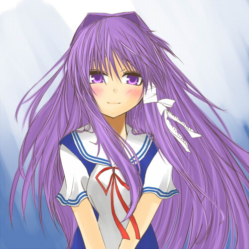 hane (hanegoya), fujibayashi kyou, clannad, lowres, 00s, 1girl, blush, closed mouth, female focus, hair intakes, hair ribbon, long hair, looking at viewer, purple eyes, purple hair, red ribbon, ribbon, sailor collar, shirt, short sleeves, smile, solo, v arms, very long hair, white ribbon, white shirt
