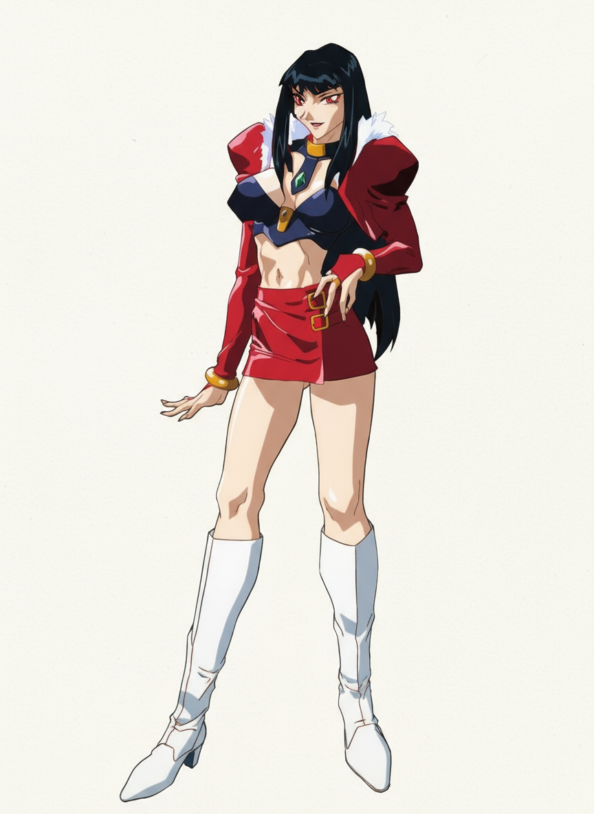 oobari masami, kubira (gowcaizer), kyubira, official art, 1990s (style), 1996, 1girl, belt buckle, black hair, boots, bracelet, buckle, high heel boots, high heels, jacket, jewelry, lipstick, makeup, miniskirt, navel, navel piercing, piercing, red eyes, red jacket, retro artstyle, shiny clothes, skirt, white boots