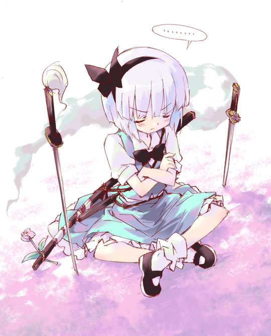 petenshi (dr. vermilion), konpaku youmu, konpaku youmu (ghost), touhou, …, 1girl, angry, closed eyes, crossed arms, female focus, hairband, hitodama, katana, planted, planted sword, pout, sheath, short hair, sitting, solo, sword, weapon
