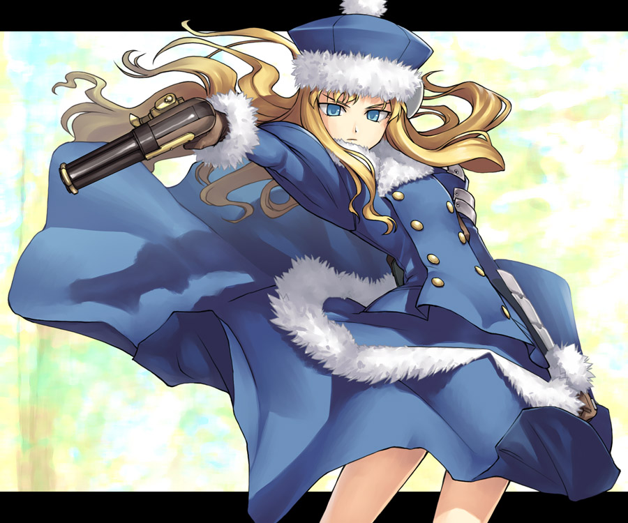 tanaka shoutarou, gunner (sekaiju), gunner 2 (sekaiju), atlus, etrian odyssey, 1girl, aiming, arm at side, armor, blonde hair, blue eyes, blue hat, blue skirt, brown gloves, buttons, clothes lift, double-breasted, female focus, floating hair, fur trim, gloves, gun, handgun, hat, legs apart, letterboxed, long hair, long sleeves, looking at viewer, outstretched arm, pom pom (clothes), skirt, skirt lift, skirt set, solo, upper body, weapon