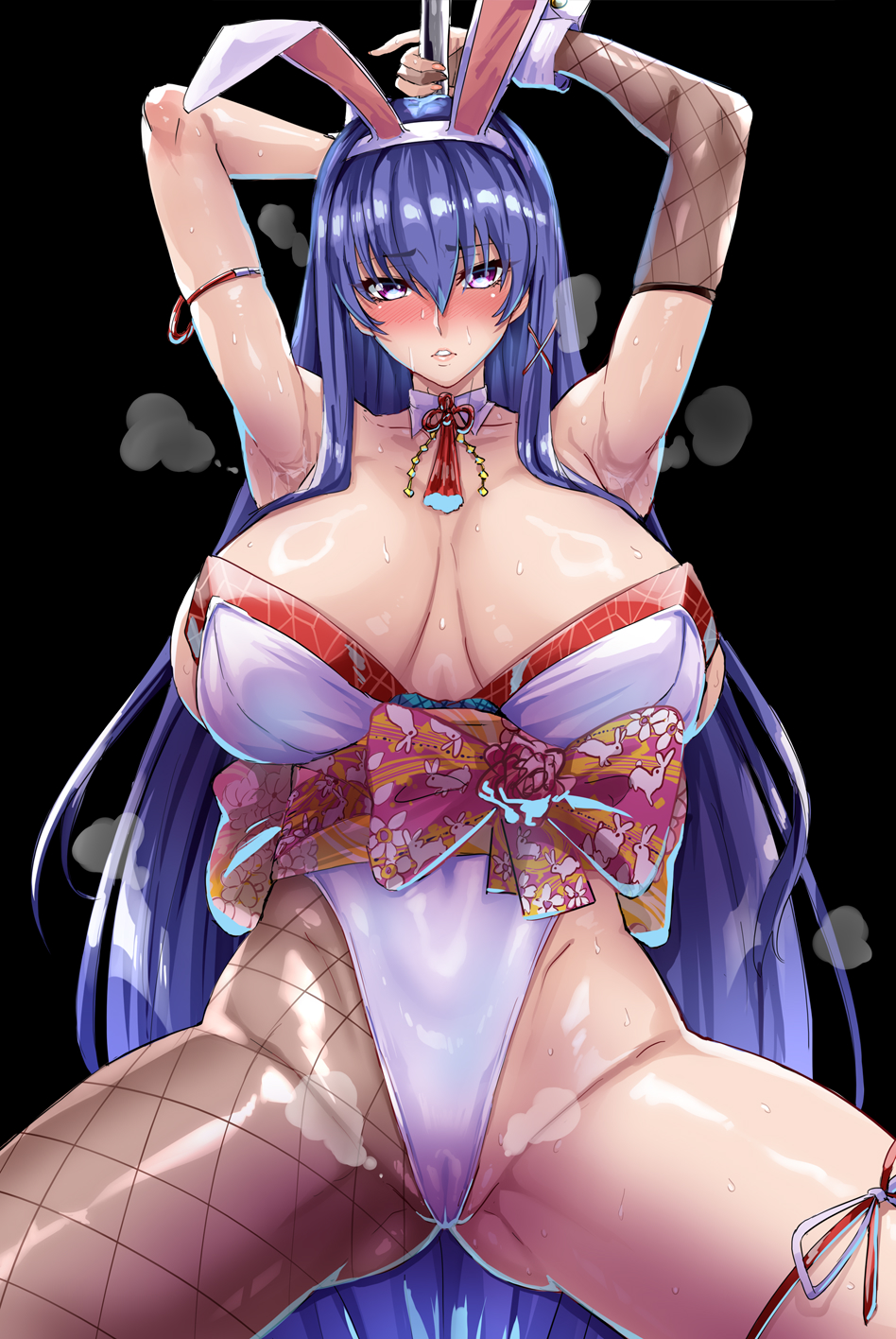 ciilinp, akiyama rinko, taimanin (series), taimanin rpgx, taimanin yukikaze, highres, 1girl, alternate costume, armpits, arms up, black background, blue hair, blush, breasts, breasts apart, cameltoe, cleavage, collarbone, detached collar, dutch angle, elbow gloves, gloves, groin, huge breasts, large breasts, leotard, long hair, official alternate costume, playboy bunny, pole, pole dancing, purple eyes, rabbit ears, solo, spread legs, very long hair