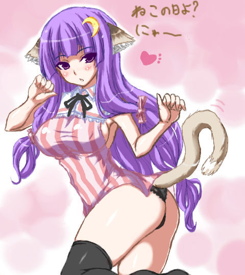 jema, patchouli knowledge, touhou, 1girl, animal ears, crescent, crescent hair ornament, dog ears, female focus, hair ornament, oekaki, panties, solo, tail, thighhighs, underwear