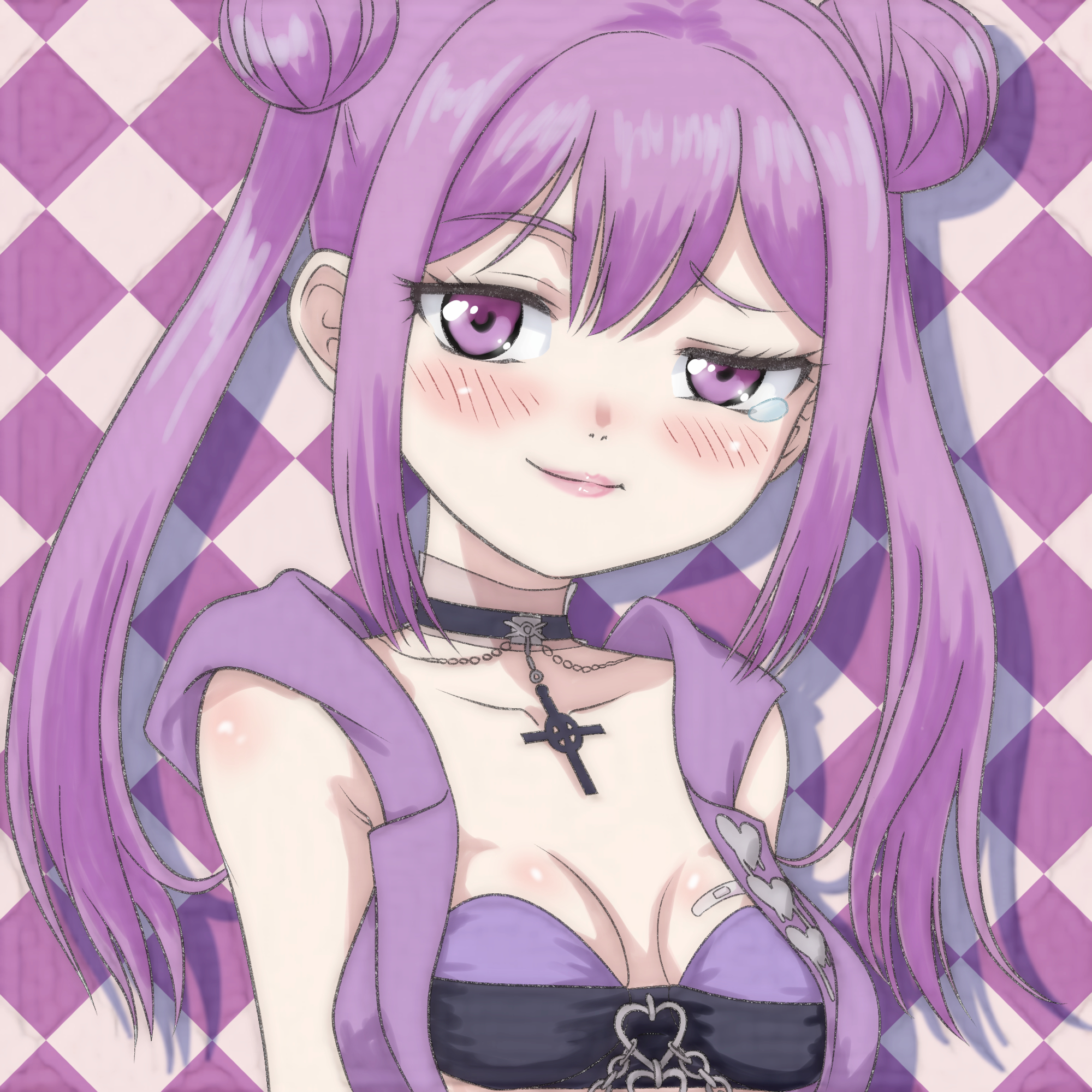 t jiroo (ringofriend), nanpou yuia, vtuber ni kusokome wo okuru typing game, 1girl, bandaid, bandaid on breast, blush, breasts, chain, checkered background, choker, collarbone, cross, cross choker, double bun, hair bun, heart, heart print, jacket, long hair, looking at viewer, medium breasts, open clothes, open jacket, print jacket, purple background, purple eyes, purple hair, purple jacket, purple shirt, raised eyebrow, shirt, sleeveless, sleeveless jacket, smile, standing, strapless, tears, tube top, twintails, upper body