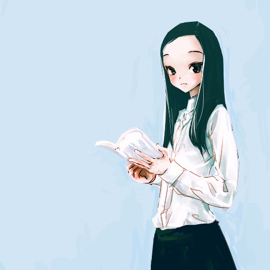 kanii rate, tagme, 1girl, blouse, blue background, book, female focus, open book, reading, shirt, simple background, solo, standing, white shirt