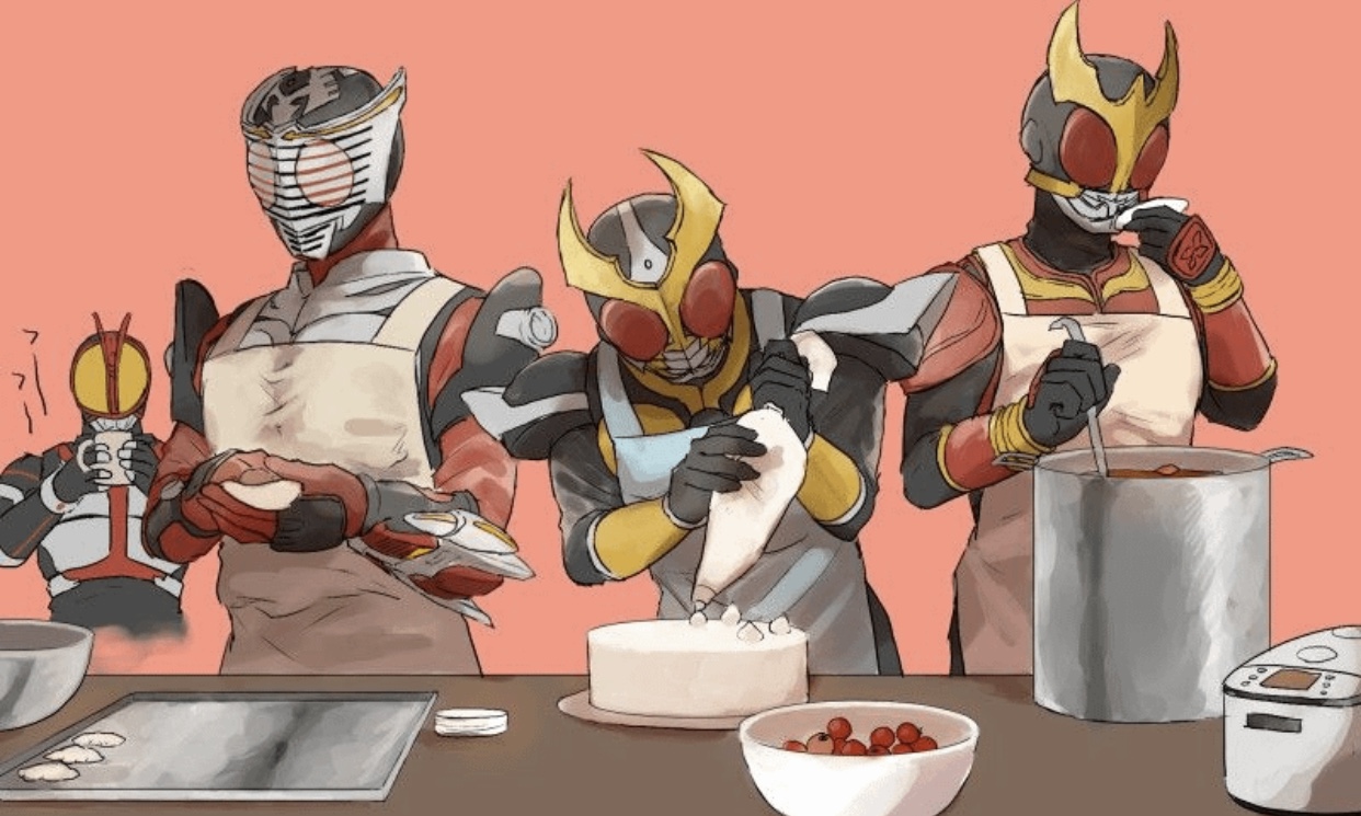 doshiko, kamen rider agito, kamen rider faiz, kamen rider kuuga, kamen rider ryuki, kamen rider, kamen rider 555, kamen rider agito (series), kamen rider kuuga (series), kamen rider ryuki (series), bad id, bad pixiv id, 4boys, apron, armor, baking, blowing, bowl, cake, cherry, cream, cup, dough, food, fruit, half body, helmet, male focus, mask, masked, masked male, mug, multiple boys, pastry bag, people, red armor, red eyes, rice cooker, sound effects, soup ladle, stock pot, table, taste testing, tray, yellow armor, yellow eyes