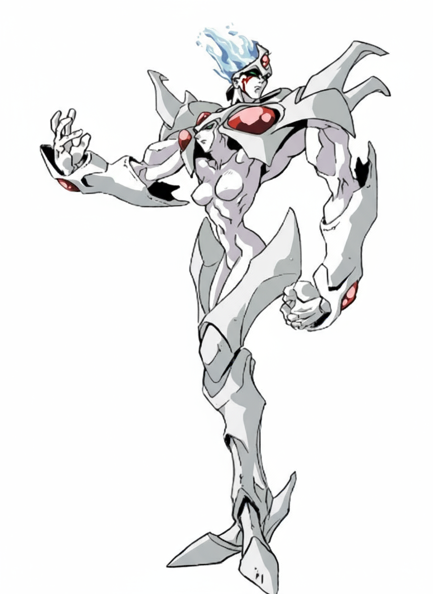 oobari masami, platonic twins, choujin gakuen gowcaizer, technos, technos japan, official art, 1990s (style), 1996, body armor, chimerism, fire hair, fusion, merging bodies, retro artstyle