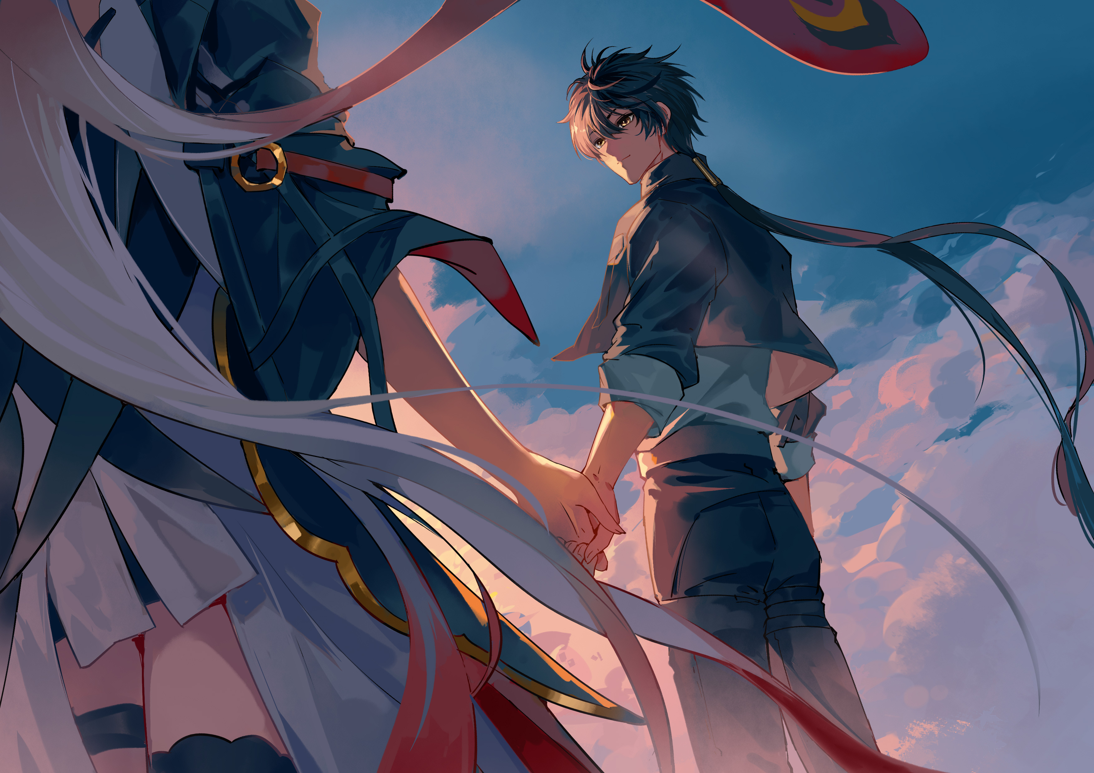 ruoruoqiu, changli (wuthering waves), male rover (wuthering waves), rover (wuthering waves), wuthering waves, absurdres, commentary request, highres, 1boy, 1girl, black hair, black jacket, black pants, dawn, dress, feather hair, grey shirt, holding hands, jacket, long hair, low ponytail, multicolored hair, outdoors, pants, pink hair, ponytail, shirt, sleeves rolled up, thigh strap, thighs, two-tone hair, very long hair, white dress, white hair